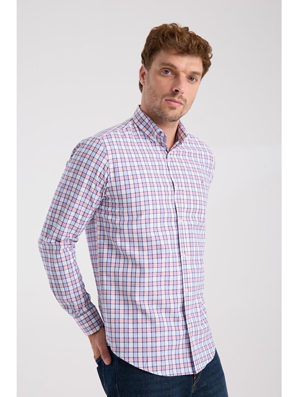 Aclub Ac10083 Oxford Pamuk Karışımlı Slim Fit Kırmızı Düğmeli Yaka Erkek Kareli Gömlek-4