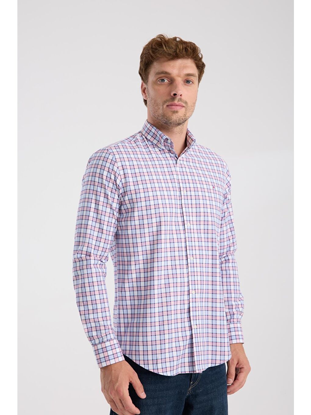 Aclub Ac10083 Oxford Pamuk Karışımlı Slim Fit Kırmızı Düğmeli Yaka Erkek Kareli Gömlek-5