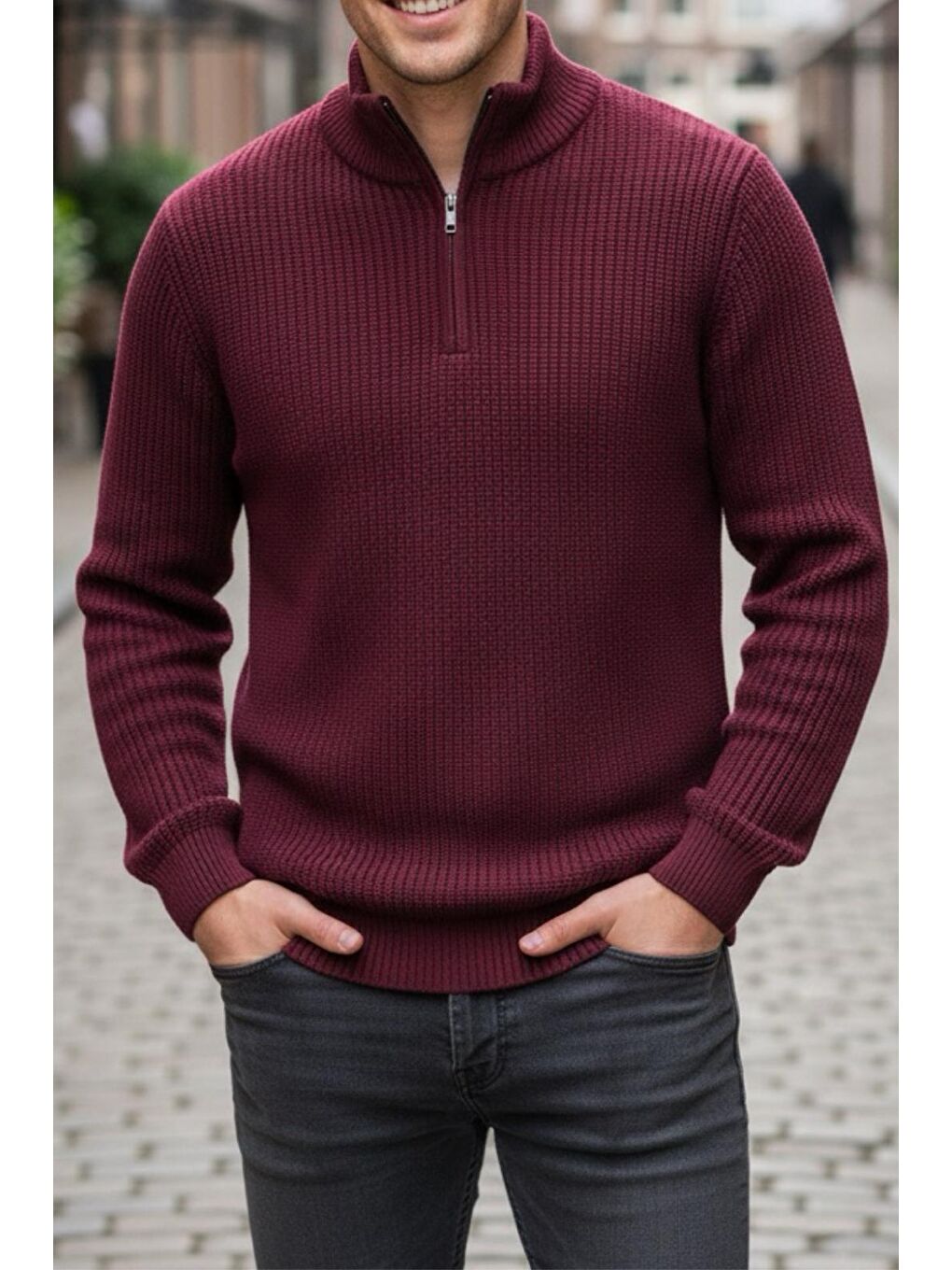 Bordo Nex Yarım Fermuarlı Dik Yaka Kalın Erkek Kazak