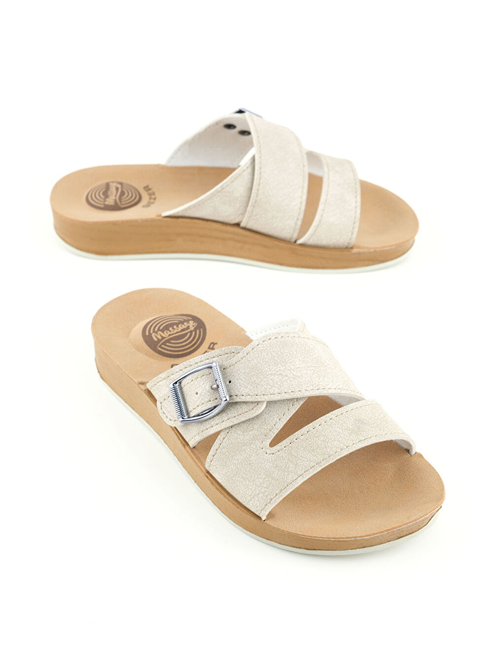 Bej Kadın Yazlık Alt Taban PU Suni Deri Tek Toka Ayarlanabilir Rahat Masaj Taban Günlük Terlik