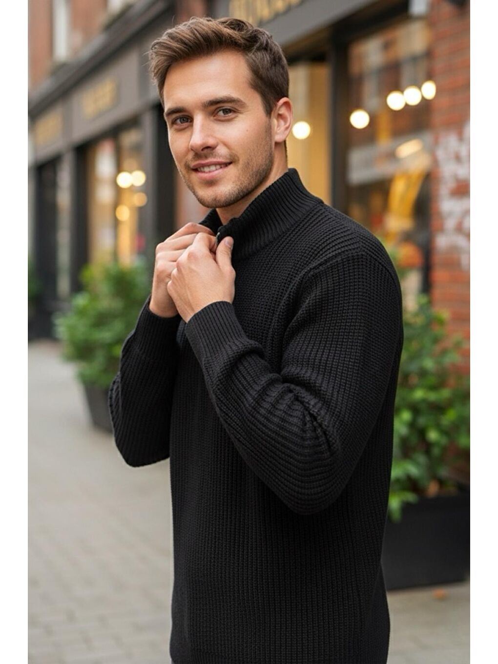 Siyah Nex Yarım Fermuarlı Dik Yaka Kalın Erkek Kazak-1