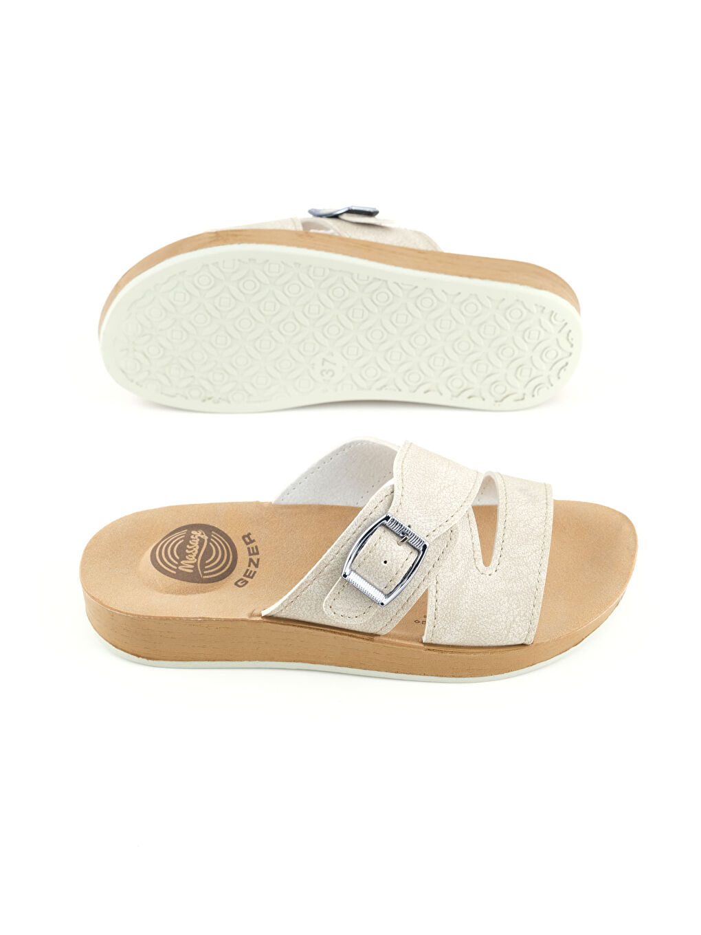 Bej Kadın Yazlık Alt Taban PU Suni Deri Tek Toka Ayarlanabilir Rahat Masaj Taban Günlük Terlik-4