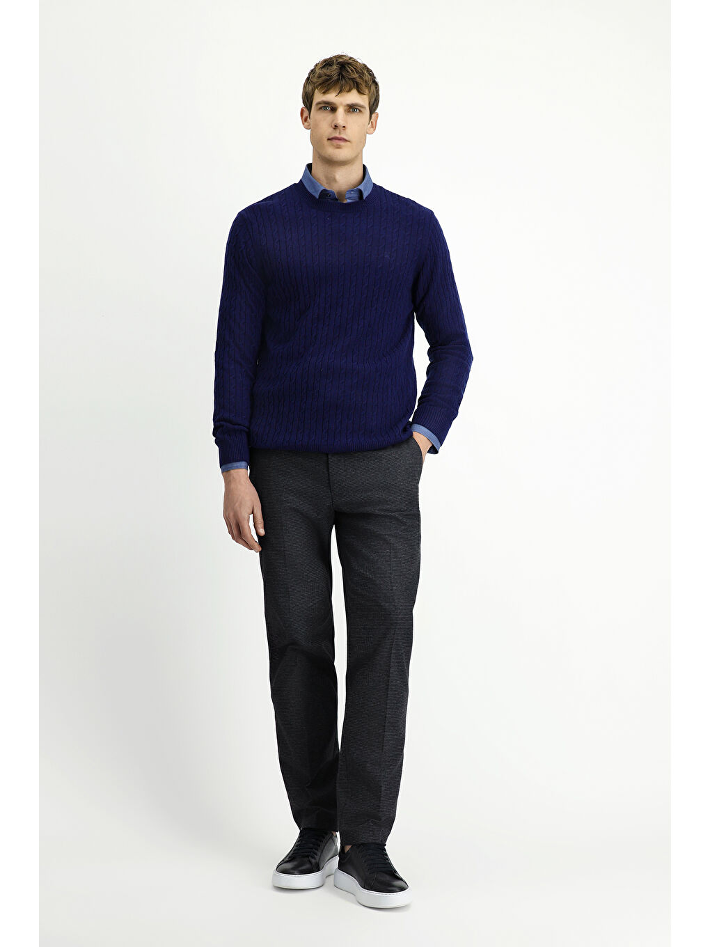 Lacivert Bisiklet Yaka Regular Fit Desenli Yünlü Triko Kazak-1