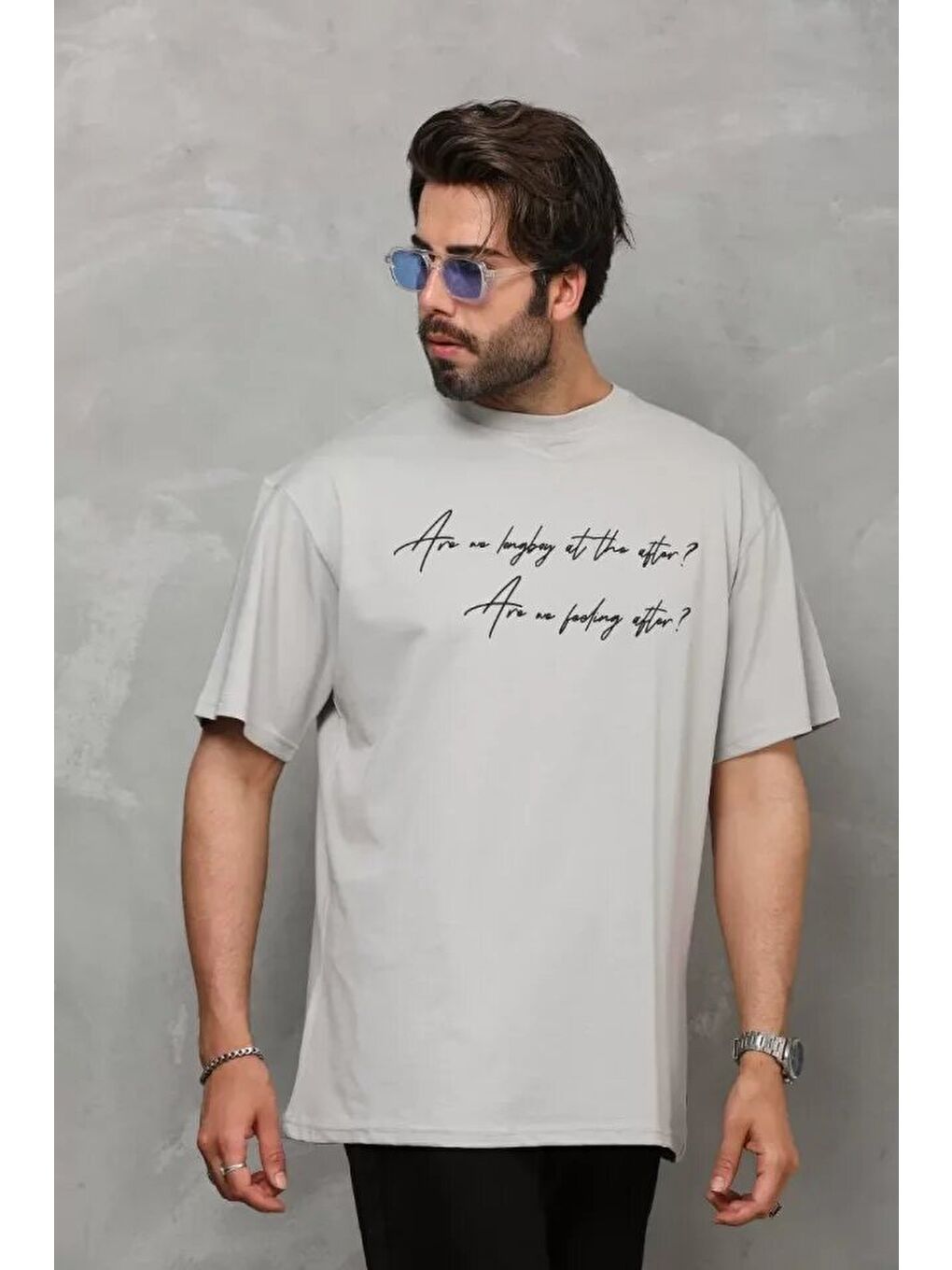 Unisex Bisiklet Yaka Baskılı Oversize T-Shirt - Gri-3