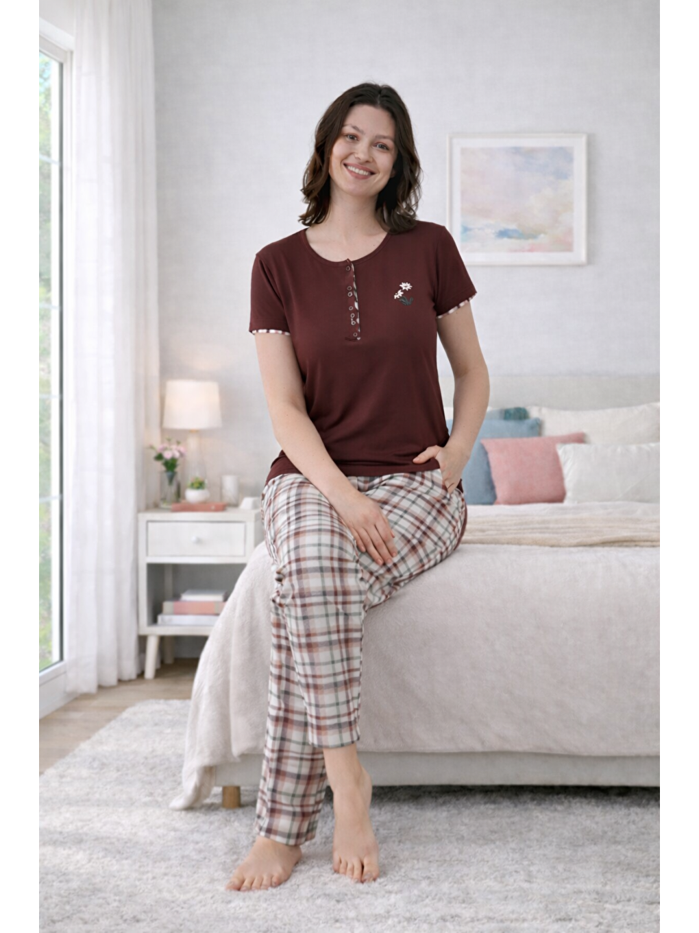 Kahverengi PREMIUM Kadın Viskon Yüksek Kalite Ekose/Kareli Kısa Kollu Yazlık Pijama Takımı