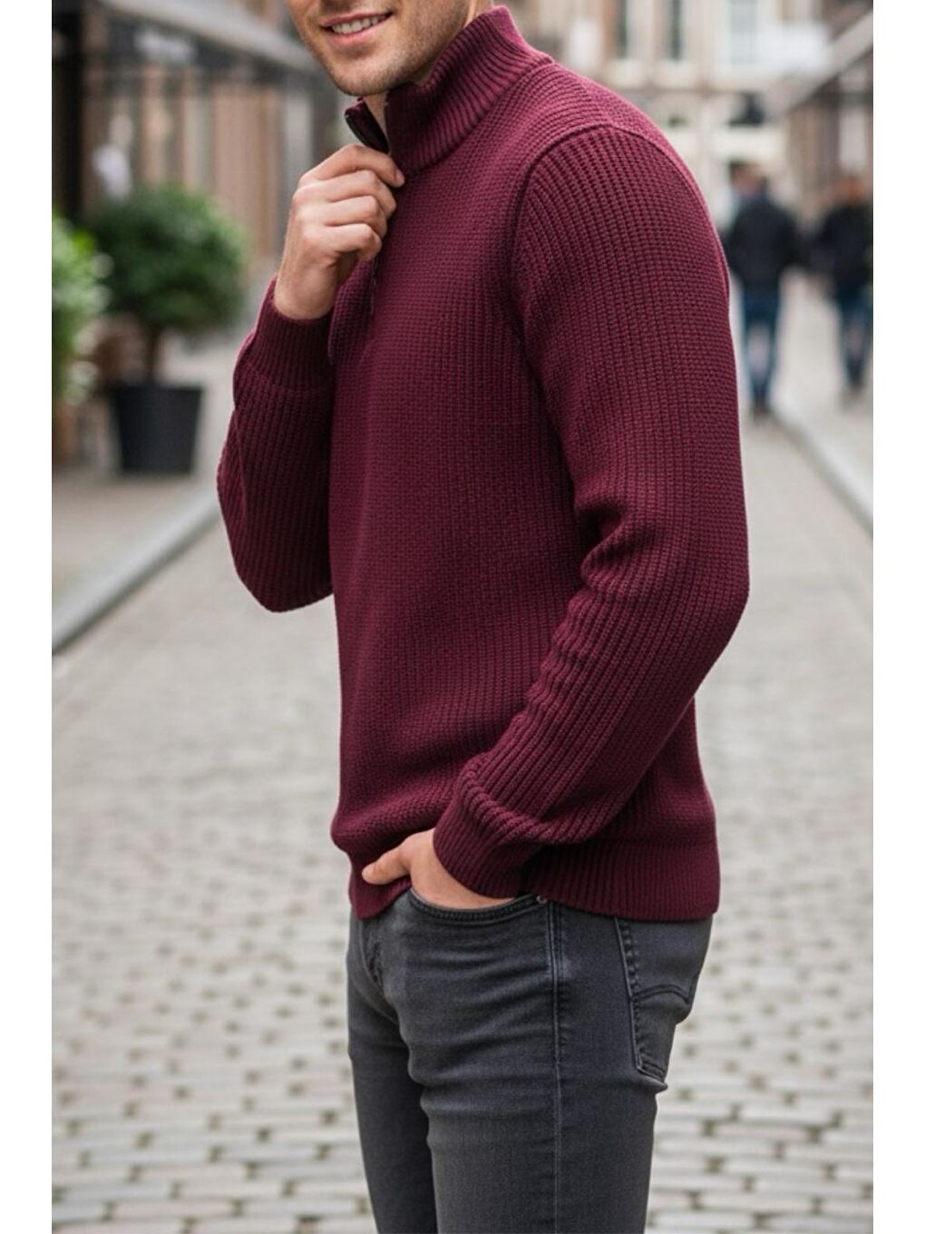 Bordo Nex Yarım Fermuarlı Dik Yaka Kalın Erkek Kazak-1
