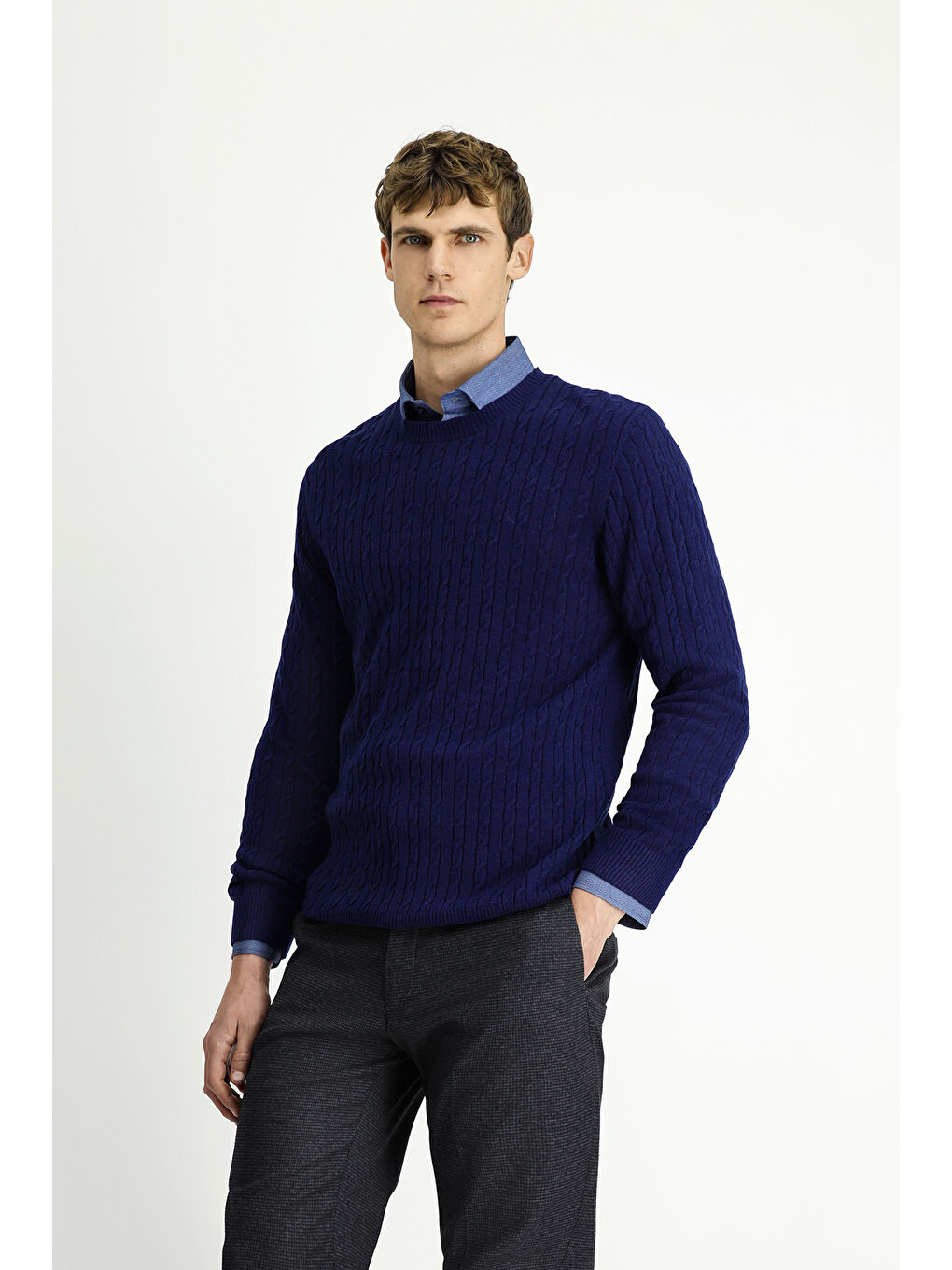 Lacivert Bisiklet Yaka Regular Fit Desenli Yünlü Triko Kazak-3