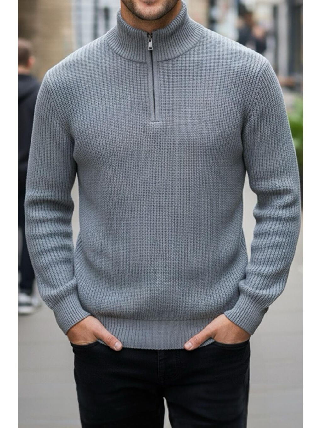 Gri Nex Yarım Fermuarlı Dik Yaka Kalın Erkek Kazak