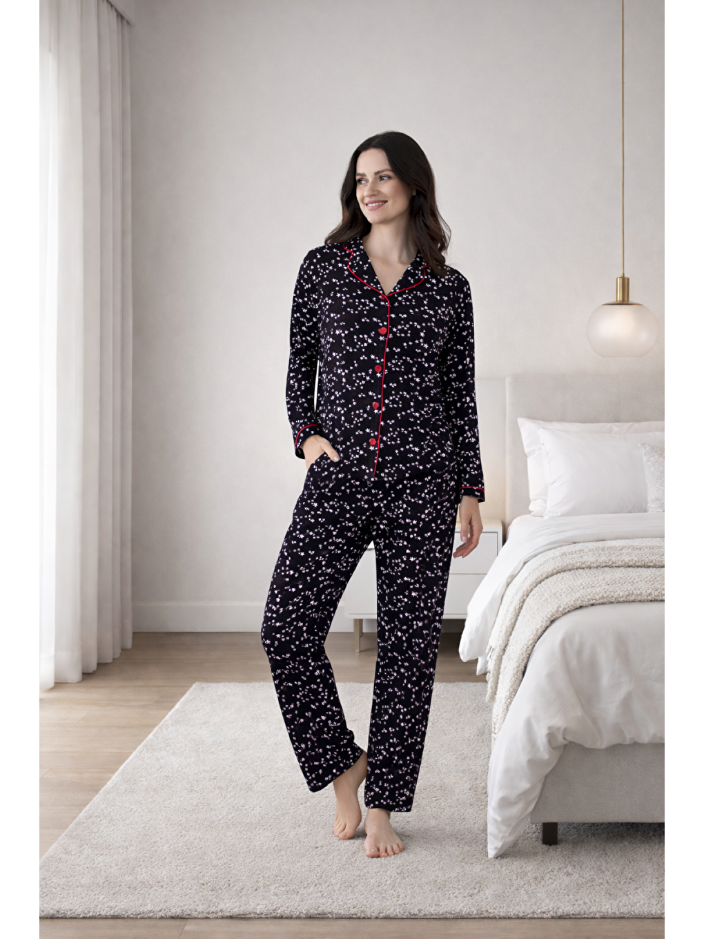 Kahverengi PREMIUM Kadın Viskon Gömlek Yaka Boydan Düğmeli Uzun Kollu Yüksek Kalite Pijama Takımı-1