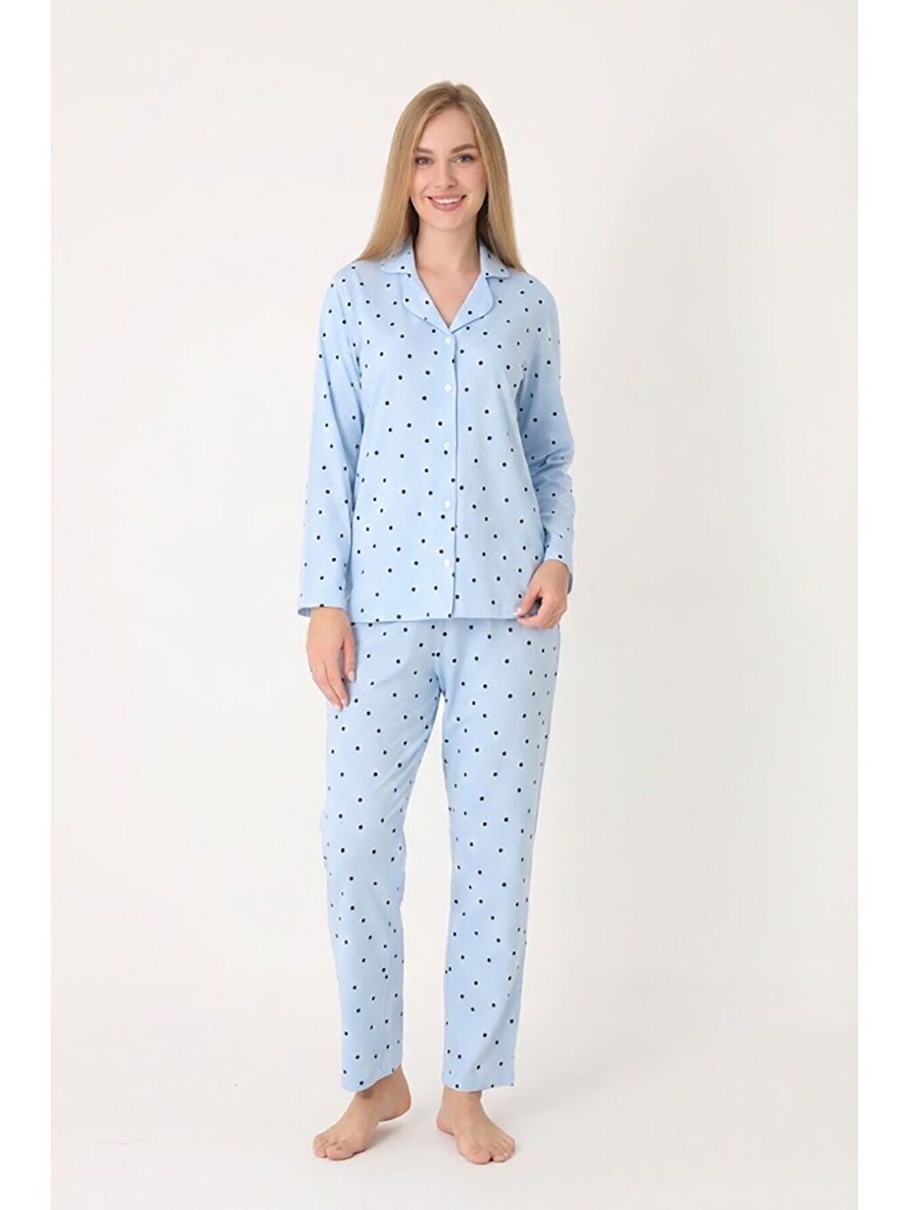 Mavi Pointel Önden Düğmeli Pijama Takım