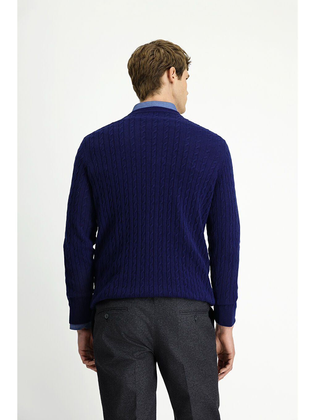 Lacivert Bisiklet Yaka Regular Fit Desenli Yünlü Triko Kazak-4