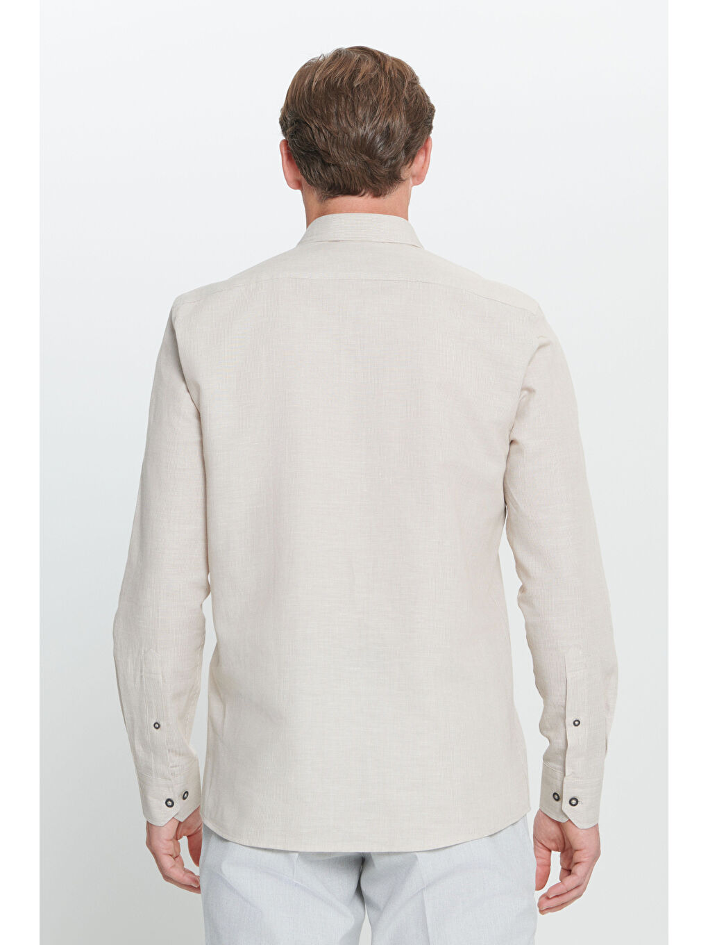 Erkek Bej Slim Fit Dar Kesim Düğmeli Yaka Pamuklu Gömlek-5
