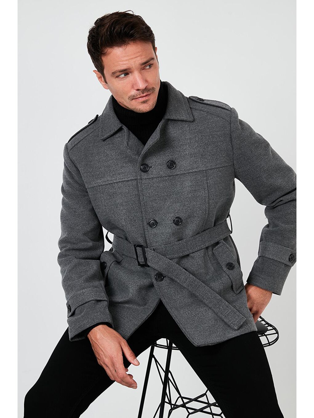 Gri Slim Fit Cepli Pamuklu Kaşe Erkek Kaban 5841015-5