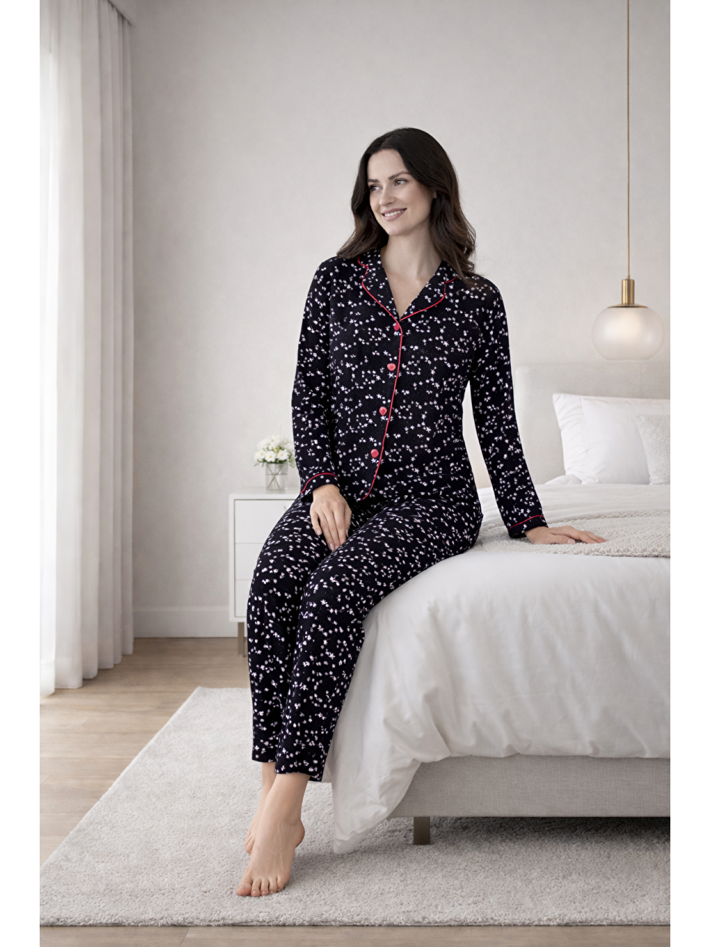 Kahverengi PREMIUM Kadın Viskon Gömlek Yaka Boydan Düğmeli Uzun Kollu Yüksek Kalite Pijama Takımı-2