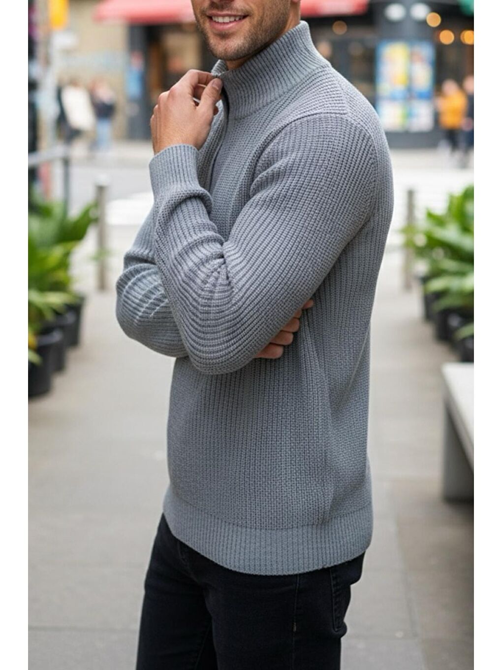 Gri Nex Yarım Fermuarlı Dik Yaka Kalın Erkek Kazak-1