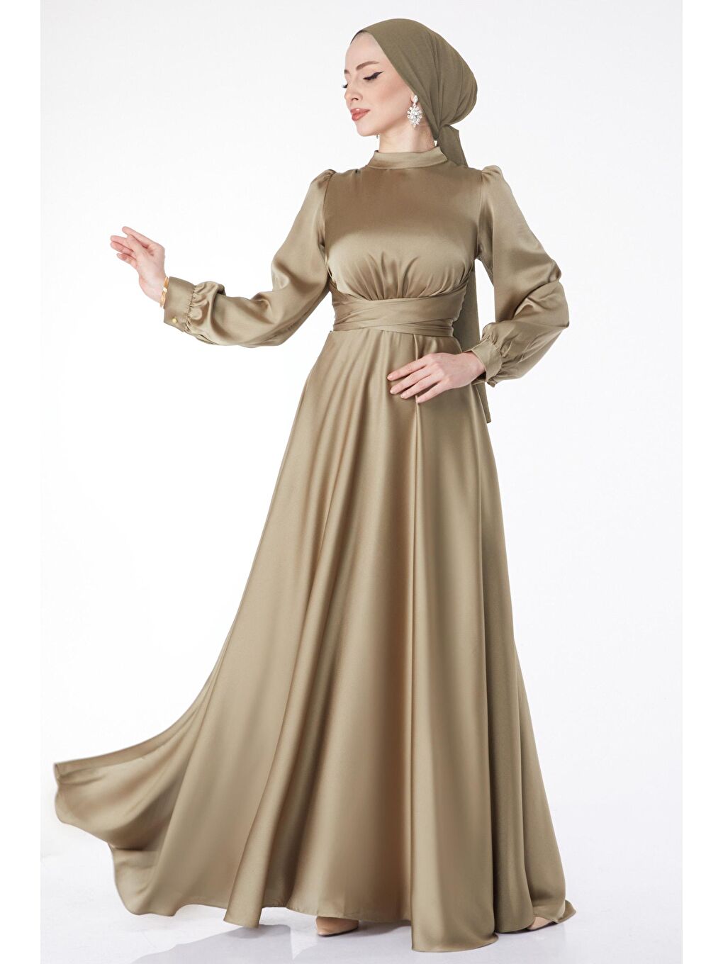 Hakim Yaka Kadın Haki Çapraz Kuşaklı Abiye Elbise - 24886