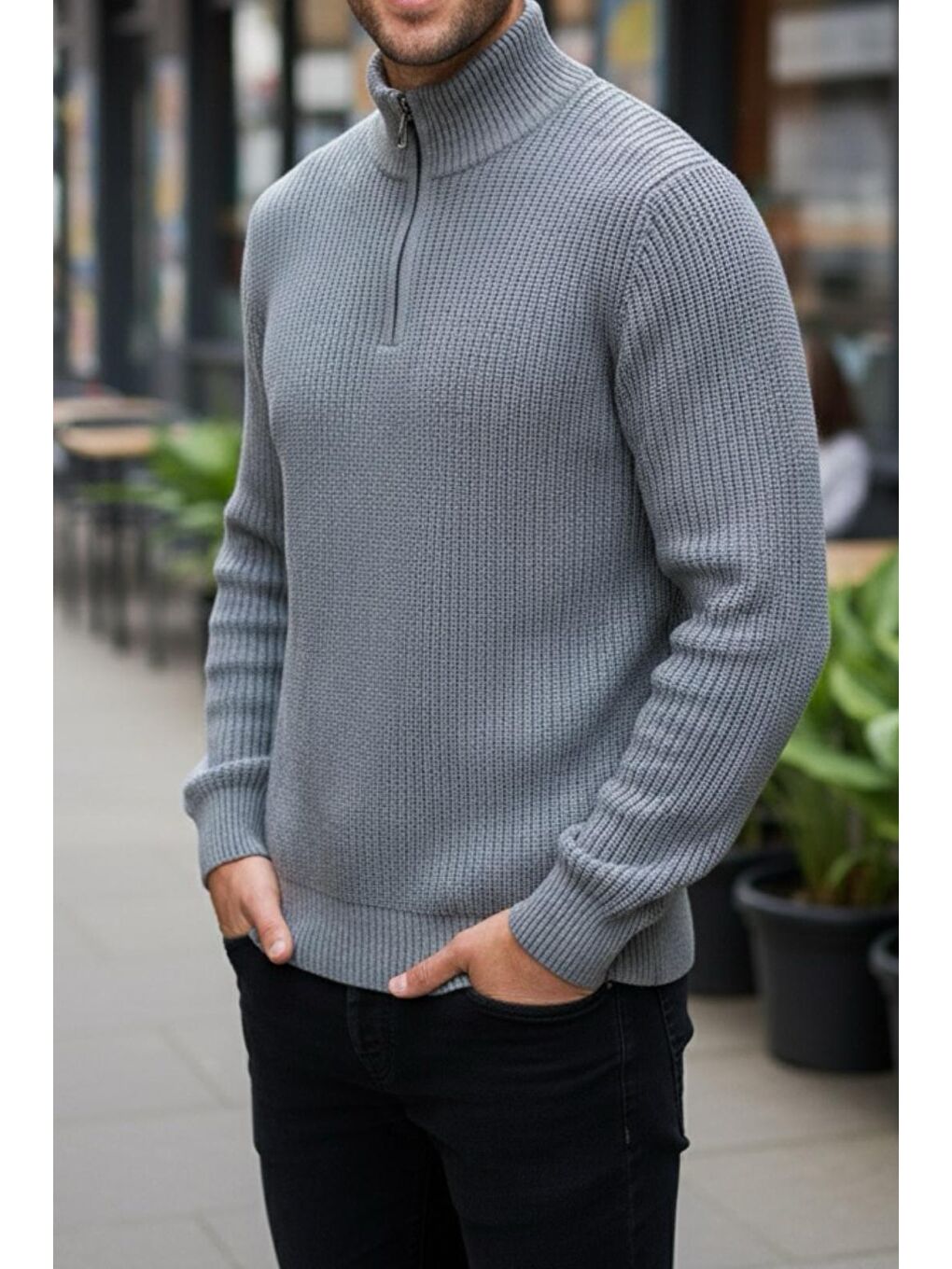 Gri Nex Yarım Fermuarlı Dik Yaka Kalın Erkek Kazak-2