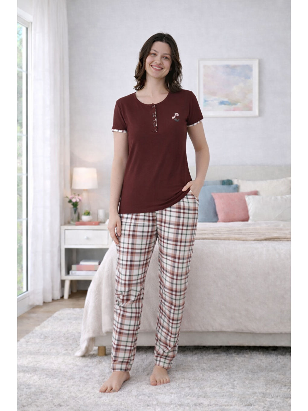 Kahverengi PREMIUM Kadın Viskon Yüksek Kalite Ekose/Kareli Kısa Kollu Yazlık Pijama Takımı-1