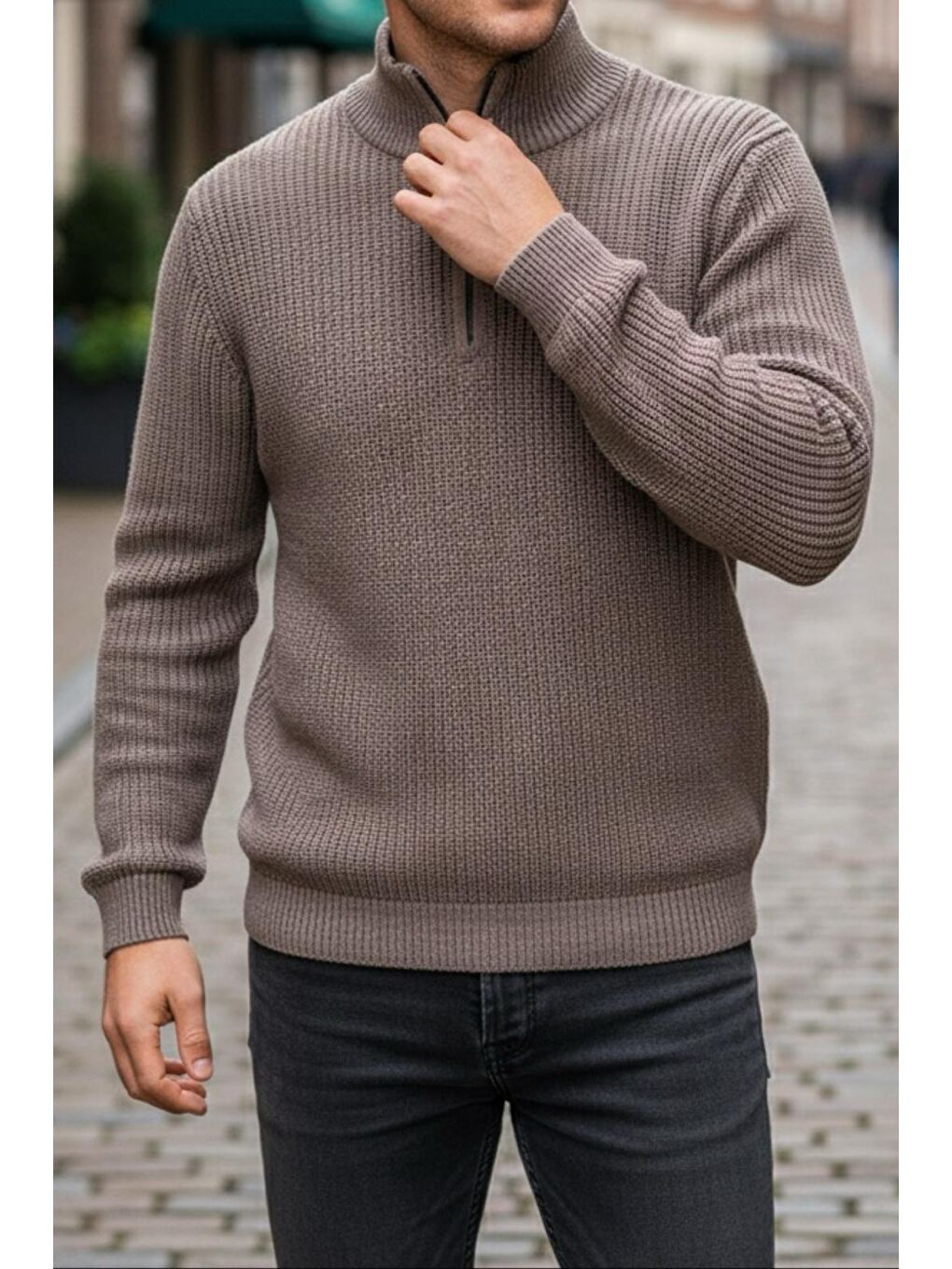 Kahverengi Nex Yarım Fermuarlı Dik Yaka Kalın Erkek Kazak-1