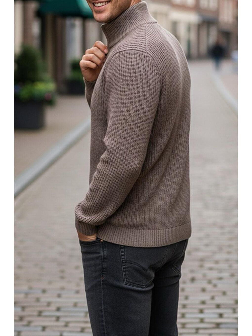 Kahverengi Nex Yarım Fermuarlı Dik Yaka Kalın Erkek Kazak-2