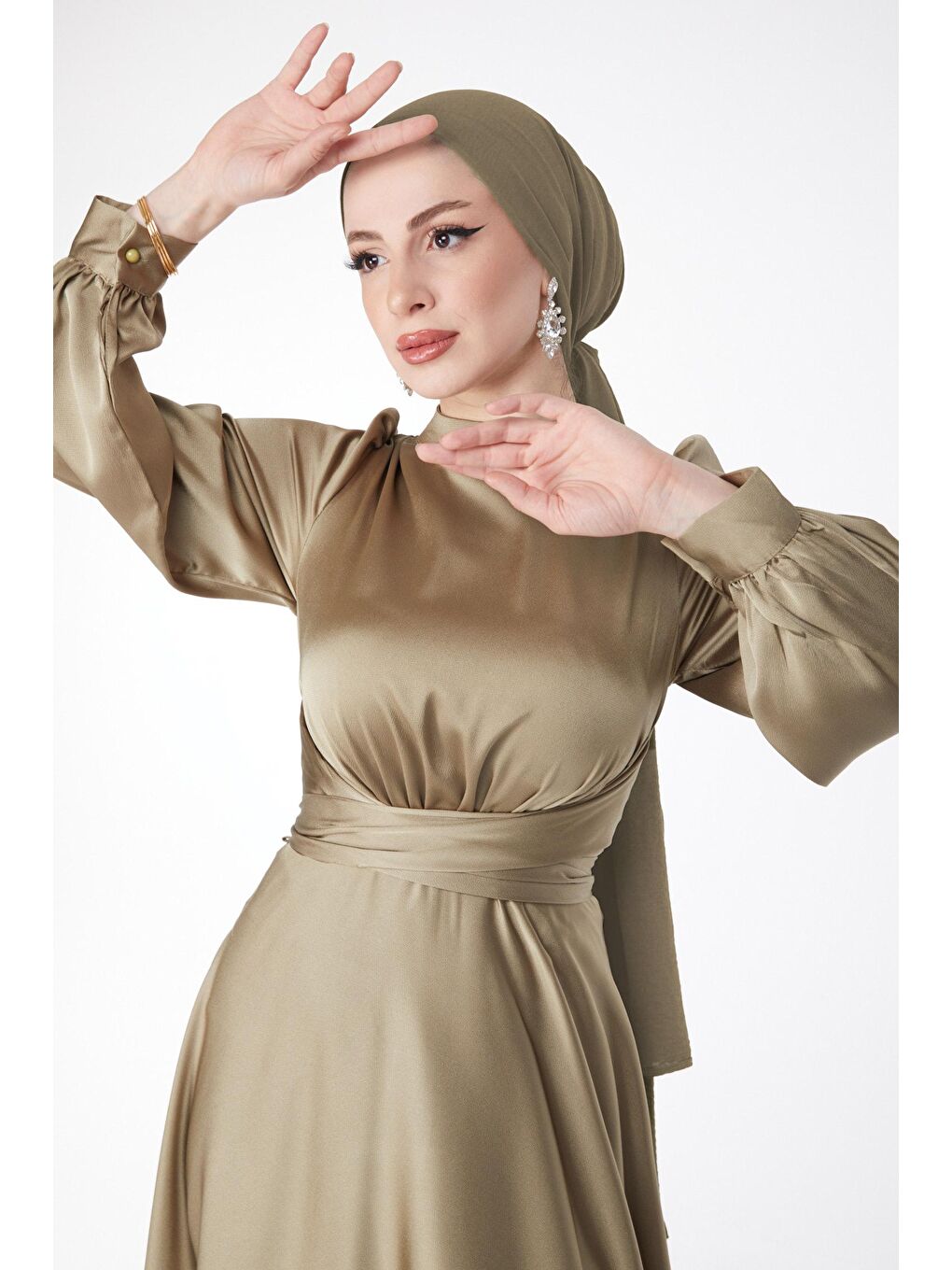 Hakim Yaka Kadın Haki Çapraz Kuşaklı Abiye Elbise - 24886-2