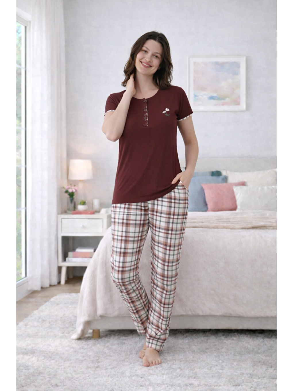 Kahverengi PREMIUM Kadın Viskon Yüksek Kalite Ekose/Kareli Kısa Kollu Yazlık Pijama Takımı-2