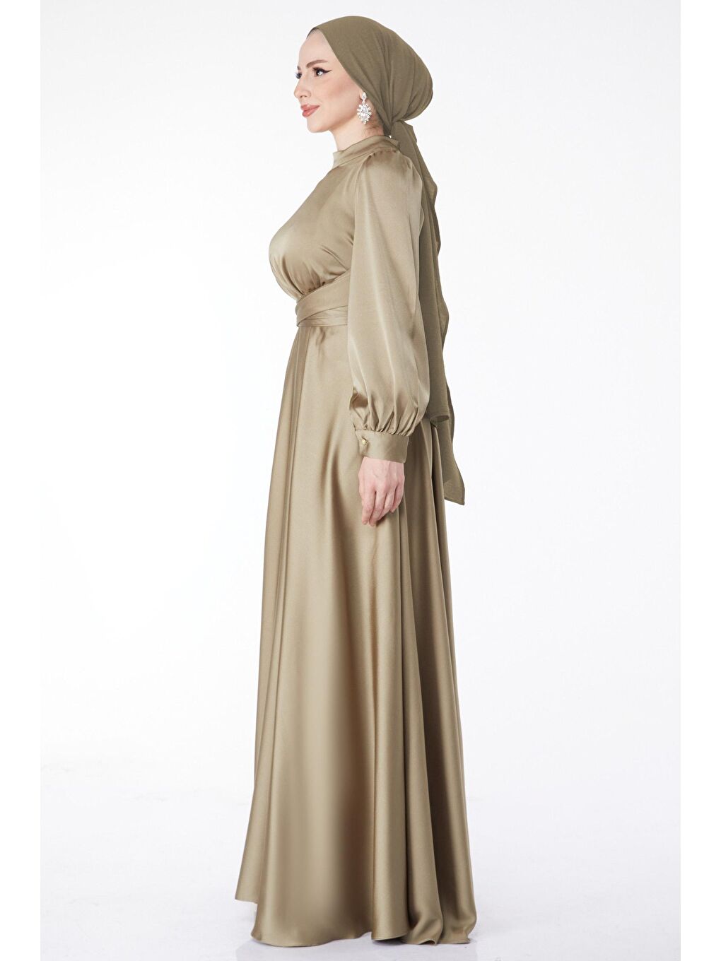 Hakim Yaka Kadın Haki Çapraz Kuşaklı Abiye Elbise - 24886-3