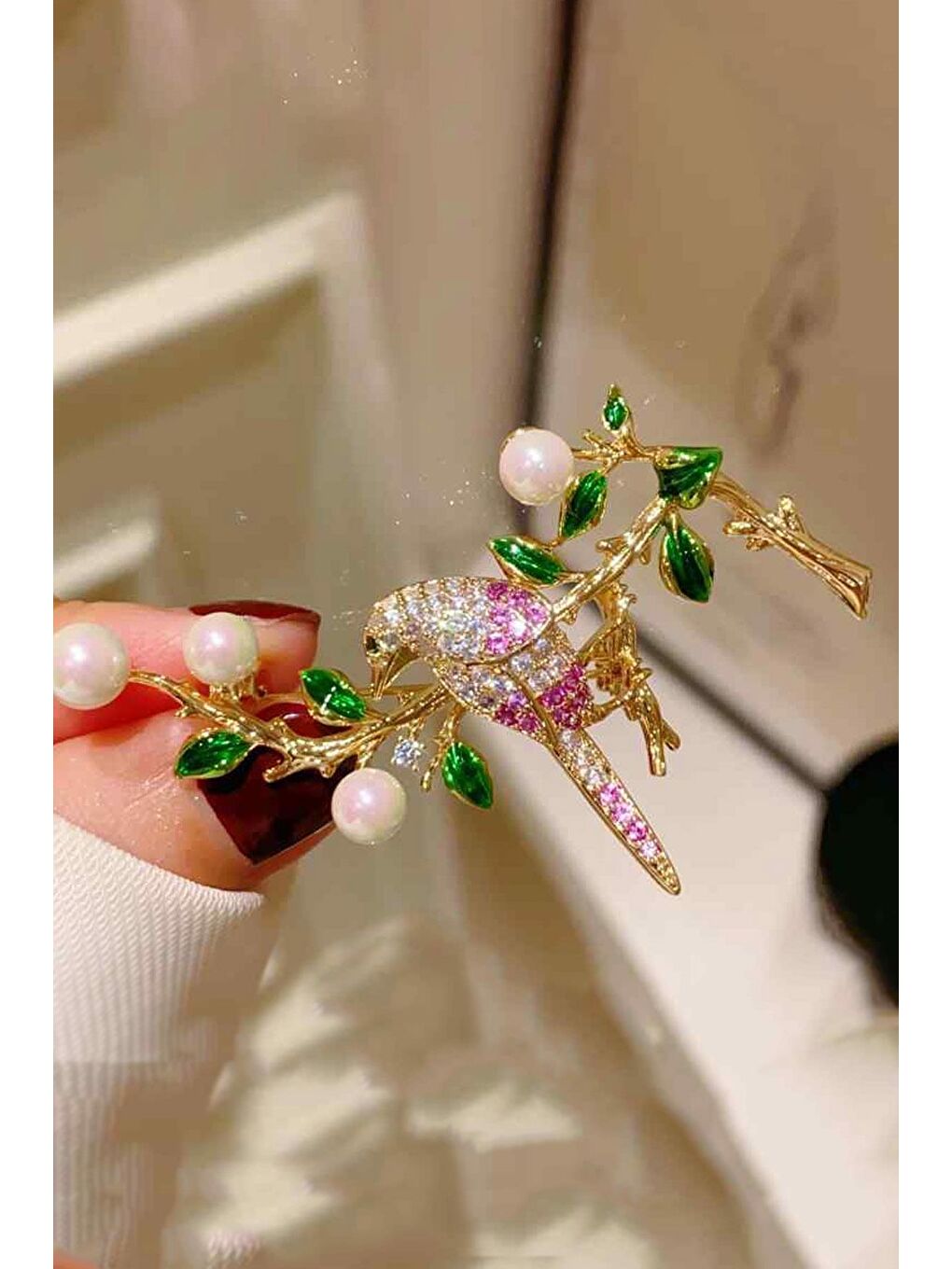 Sarı İnci Dalında Kuş Broş Yaka İğnesi-5