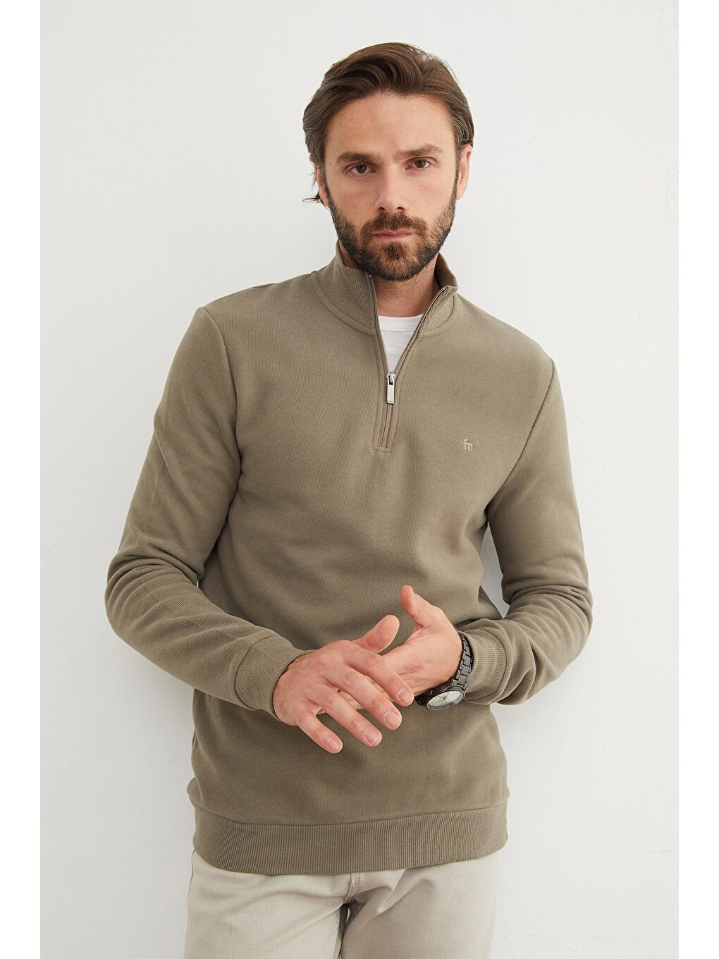 Haki Fitilli Dik Yaka Yarım Fermuarlı Sweatshirt-2