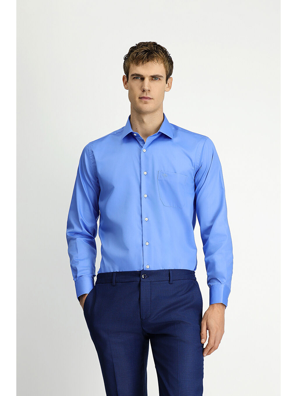 Mavi Uzun Kol Non Iron Saten Klasik Cepli Pamuklu Gömlek