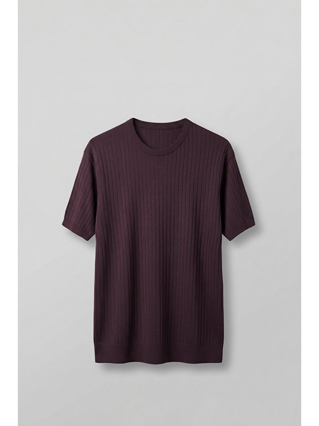 Erkek Regular Fit Fitilli Triko Bisiklet Yaka T-shirt Bordo