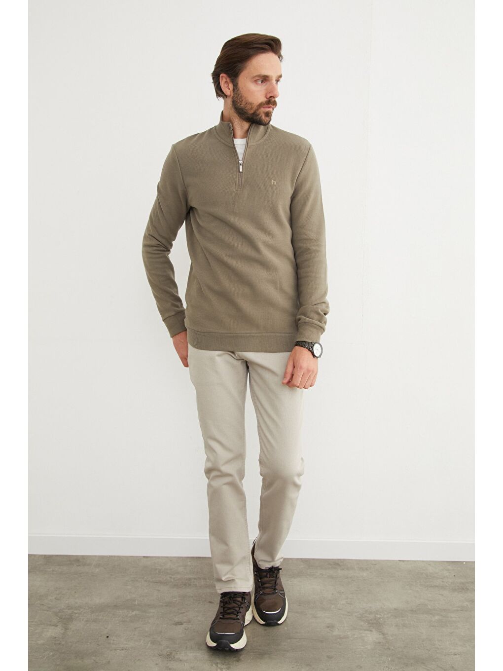 Haki Fitilli Dik Yaka Yarım Fermuarlı Sweatshirt-3