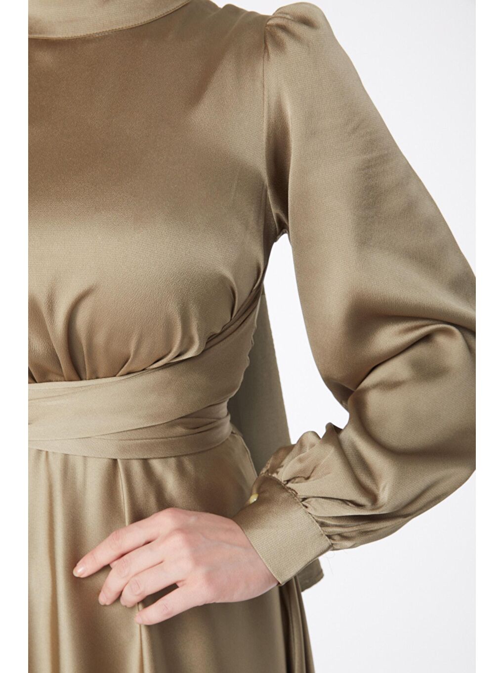 Hakim Yaka Kadın Haki Çapraz Kuşaklı Abiye Elbise - 24886-5