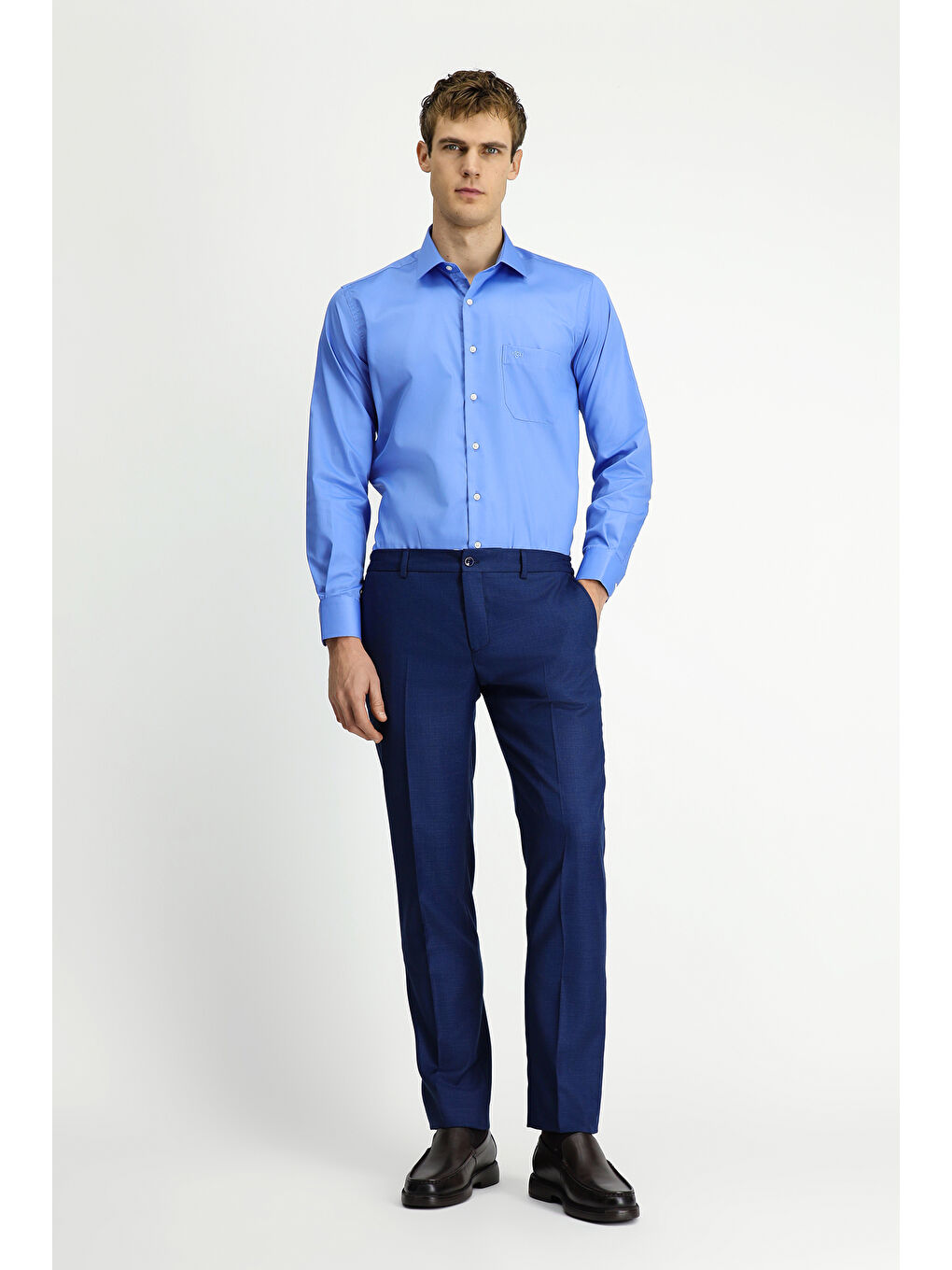 Mavi Uzun Kol Non Iron Saten Klasik Cepli Pamuklu Gömlek-1