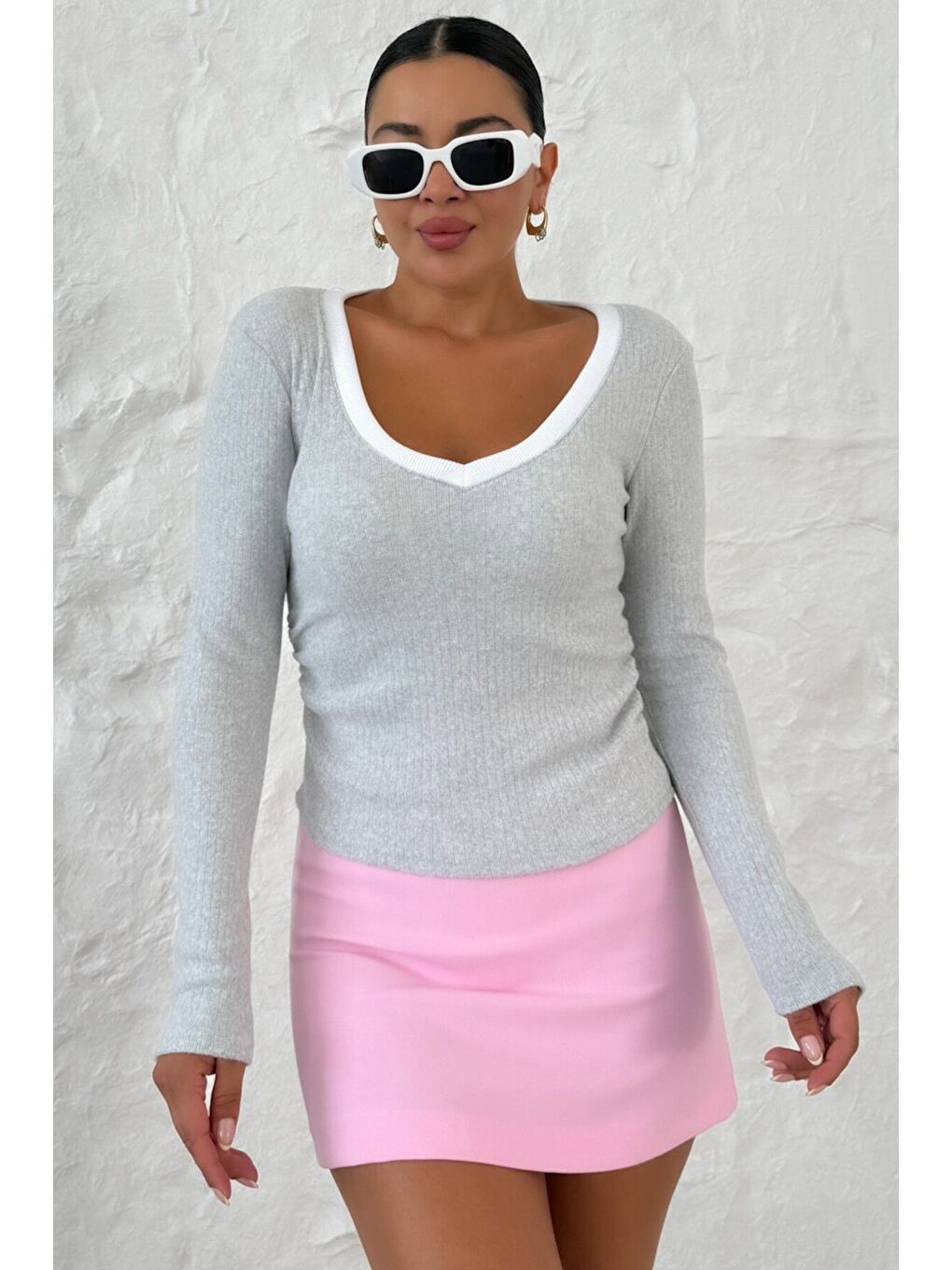 Kadın Gri V Yakalı Biyeli Uzun Kollu İnterlok Bluz-1