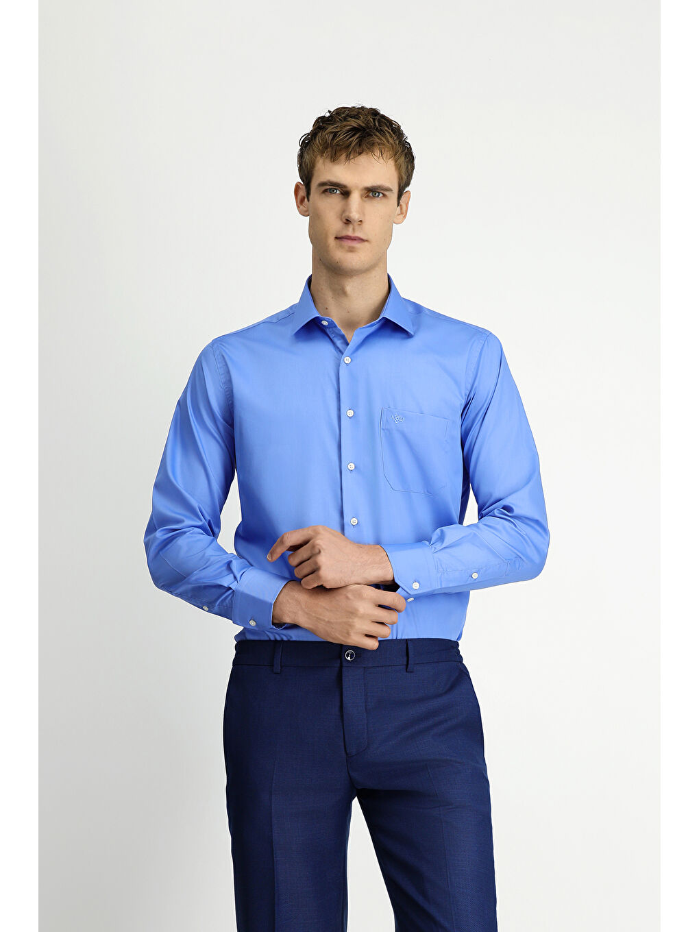 Mavi Uzun Kol Non Iron Saten Klasik Cepli Pamuklu Gömlek-2