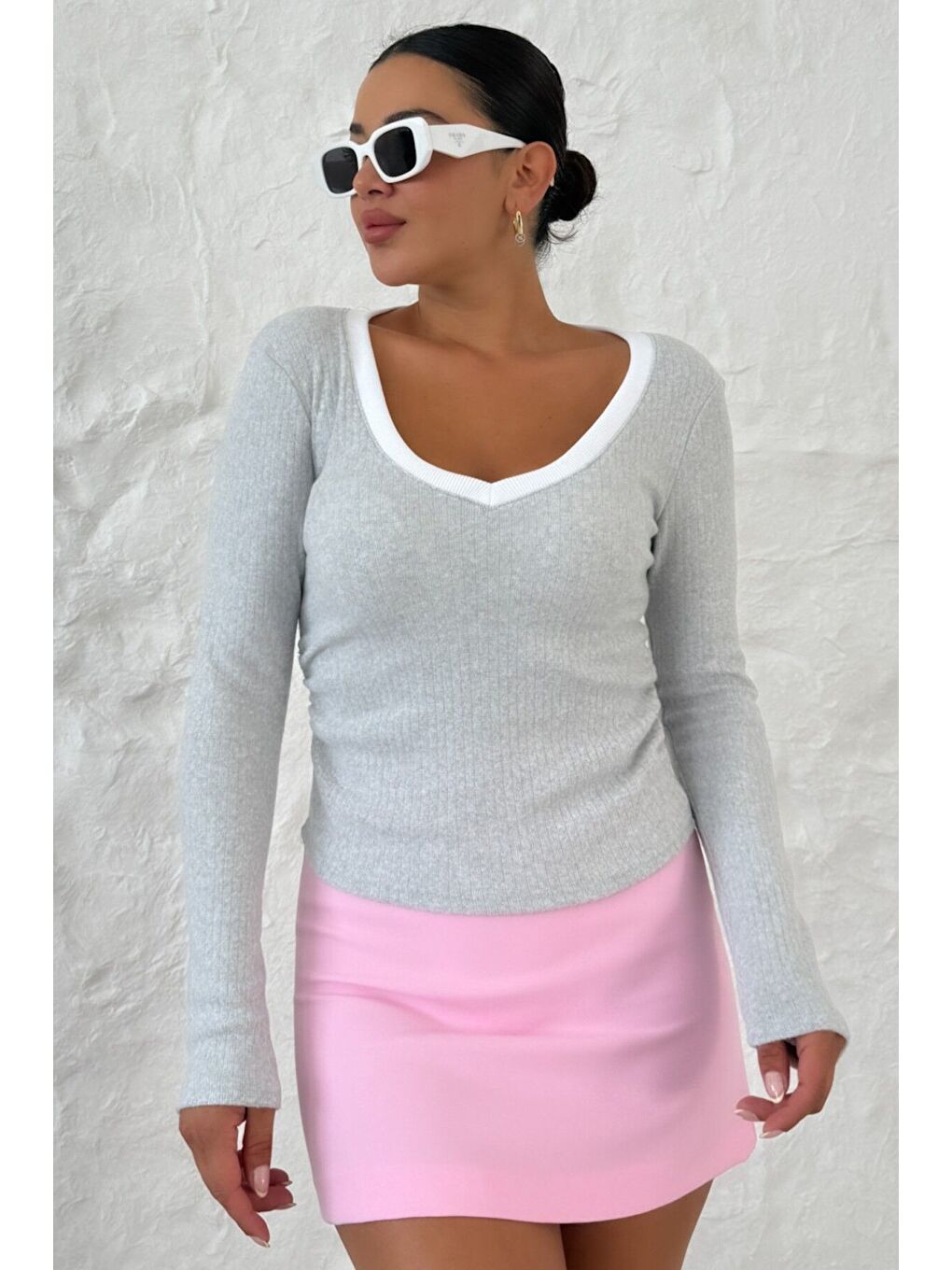 Kadın Gri V Yakalı Biyeli Uzun Kollu İnterlok Bluz-2