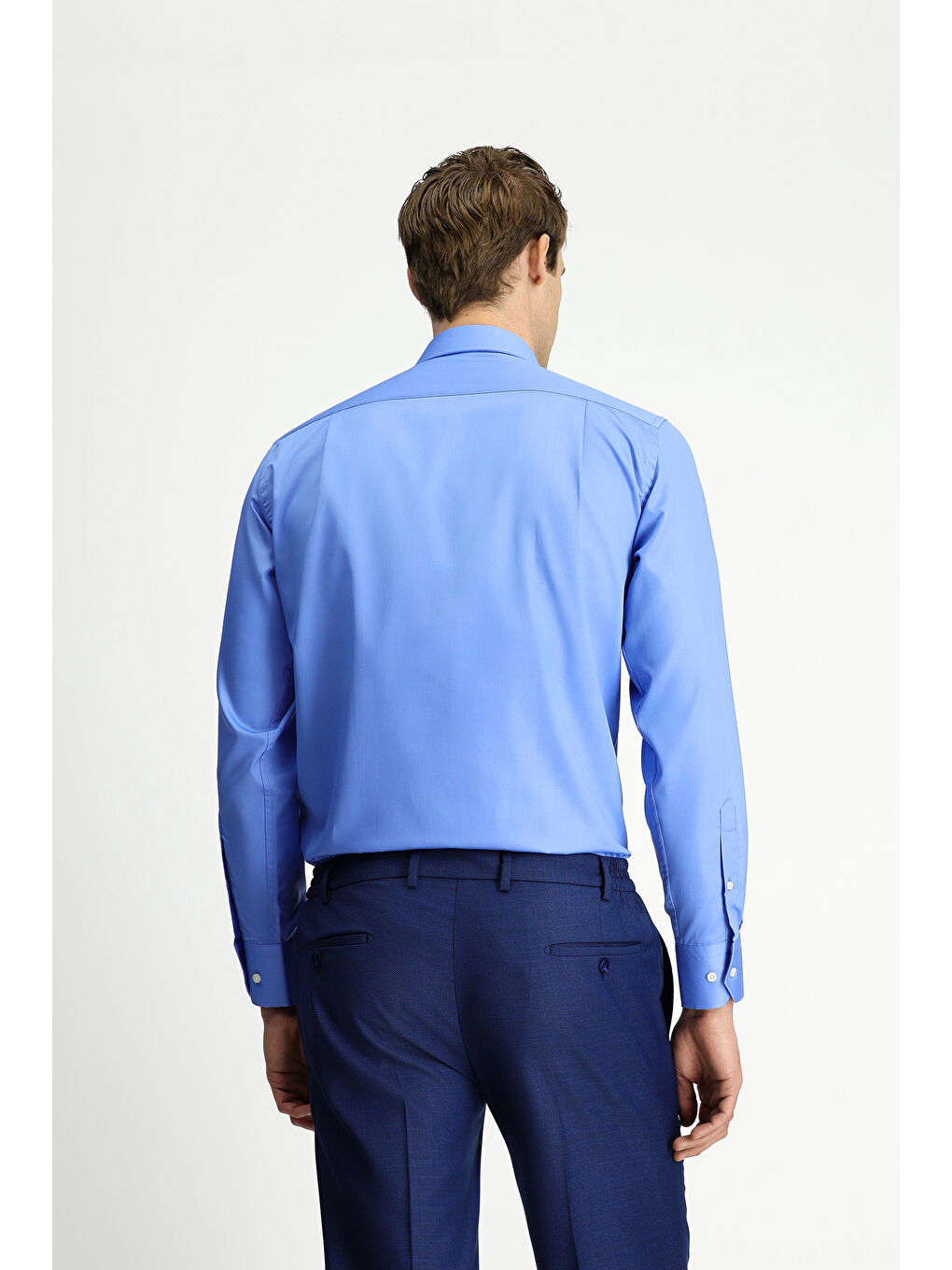 Mavi Uzun Kol Non Iron Saten Klasik Cepli Pamuklu Gömlek-4