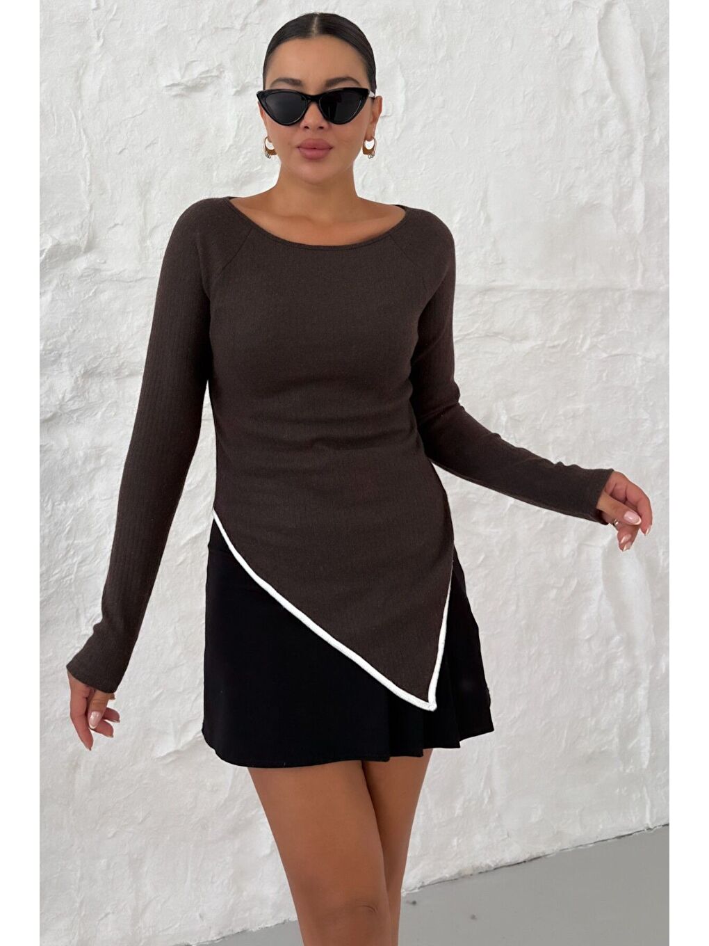 Kadın Kahverengi Kayık Yakalı V Kesim Biyeli İnterlok Bluz