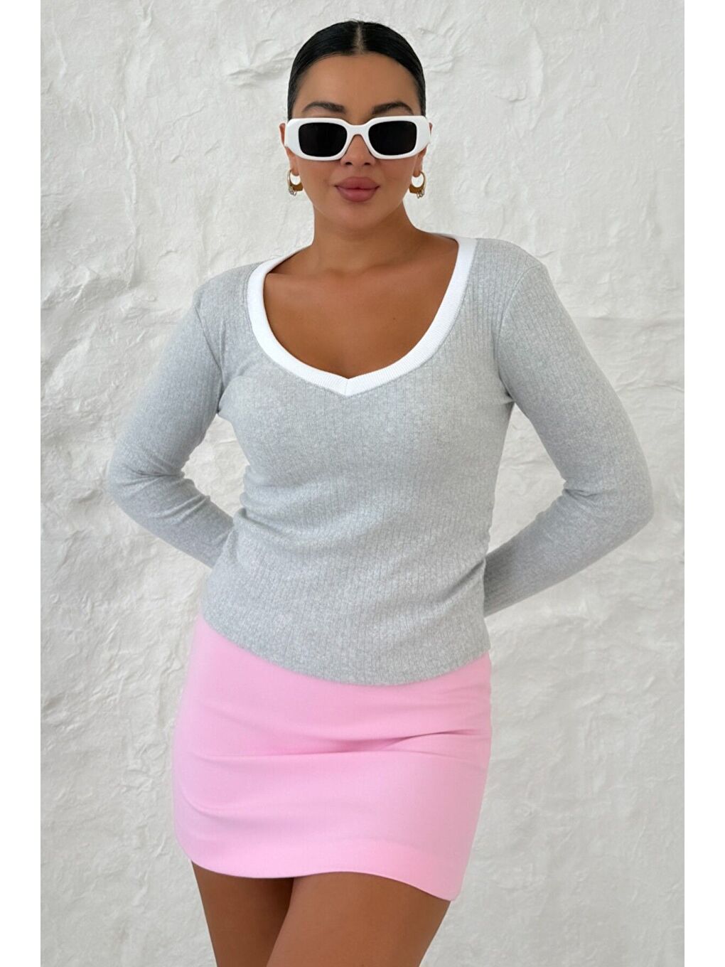 Kadın Gri V Yakalı Biyeli Uzun Kollu İnterlok Bluz-4