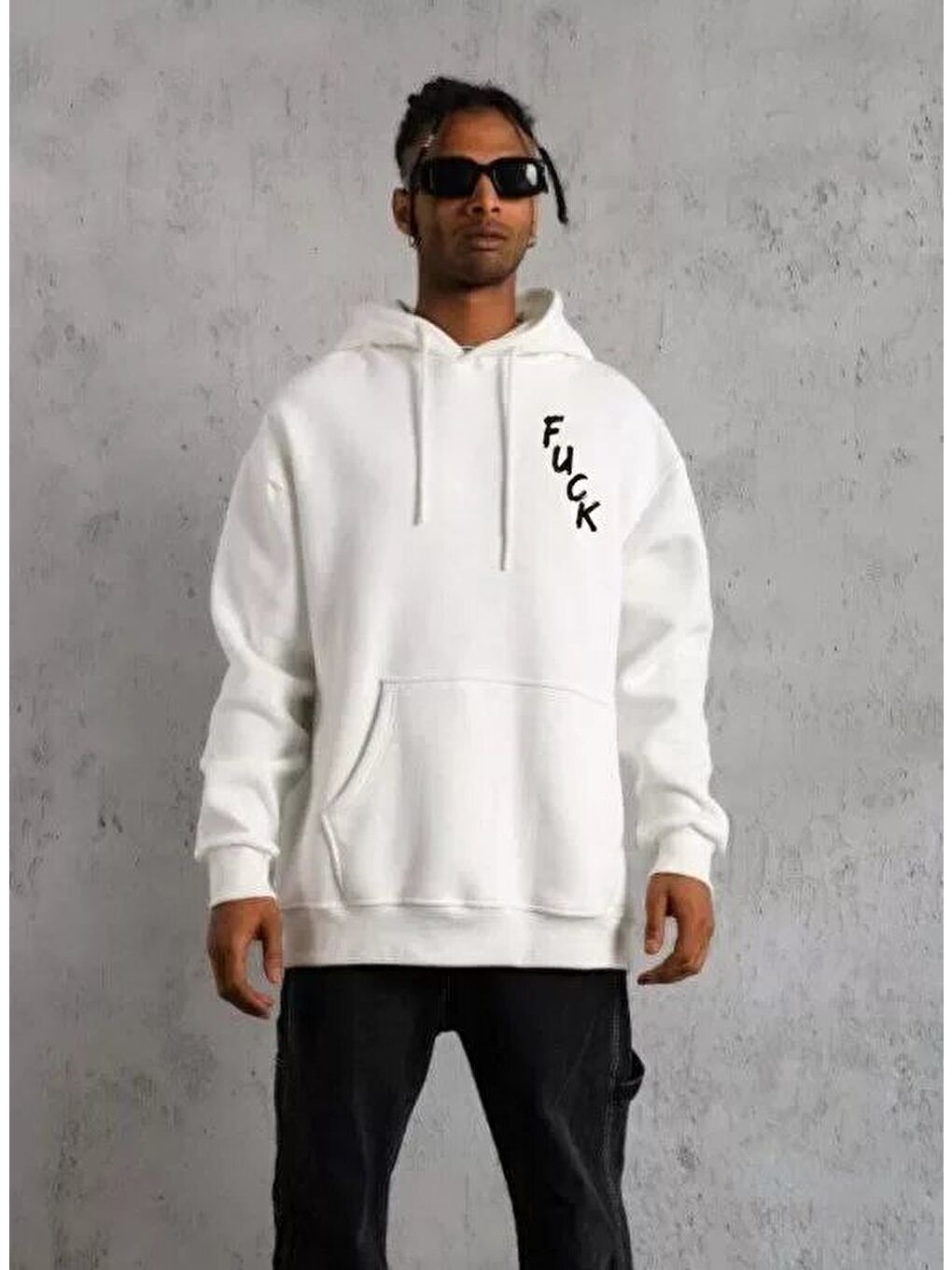 Unisex Kapüşonlu Uzun Kol Baskılı Sweetshirt - Beyaz