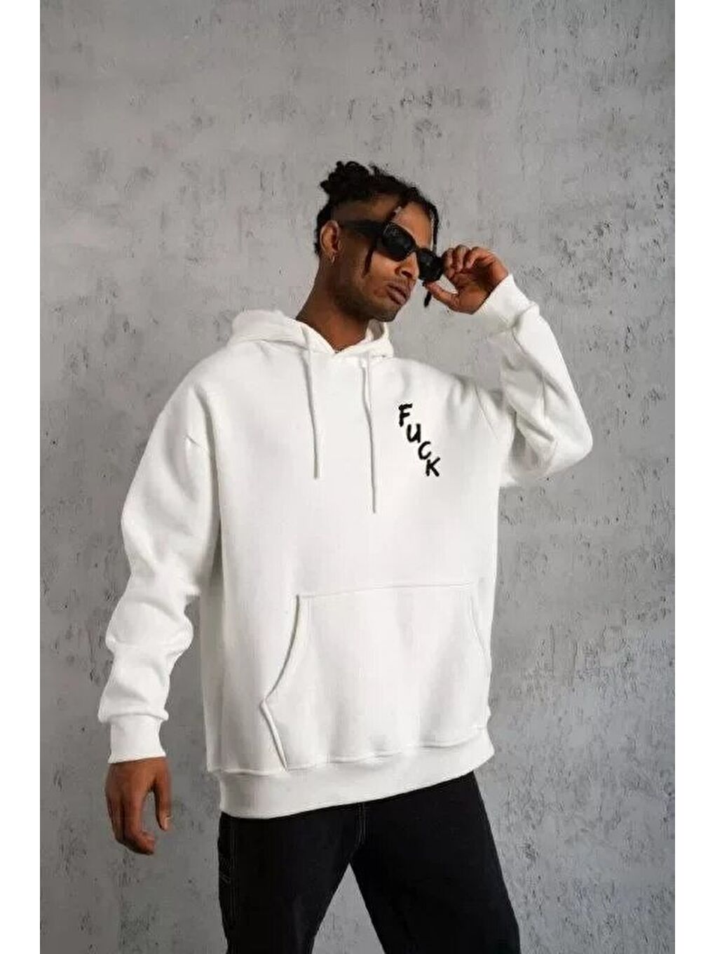 Unisex Kapüşonlu Uzun Kol Baskılı Sweetshirt - Beyaz-1