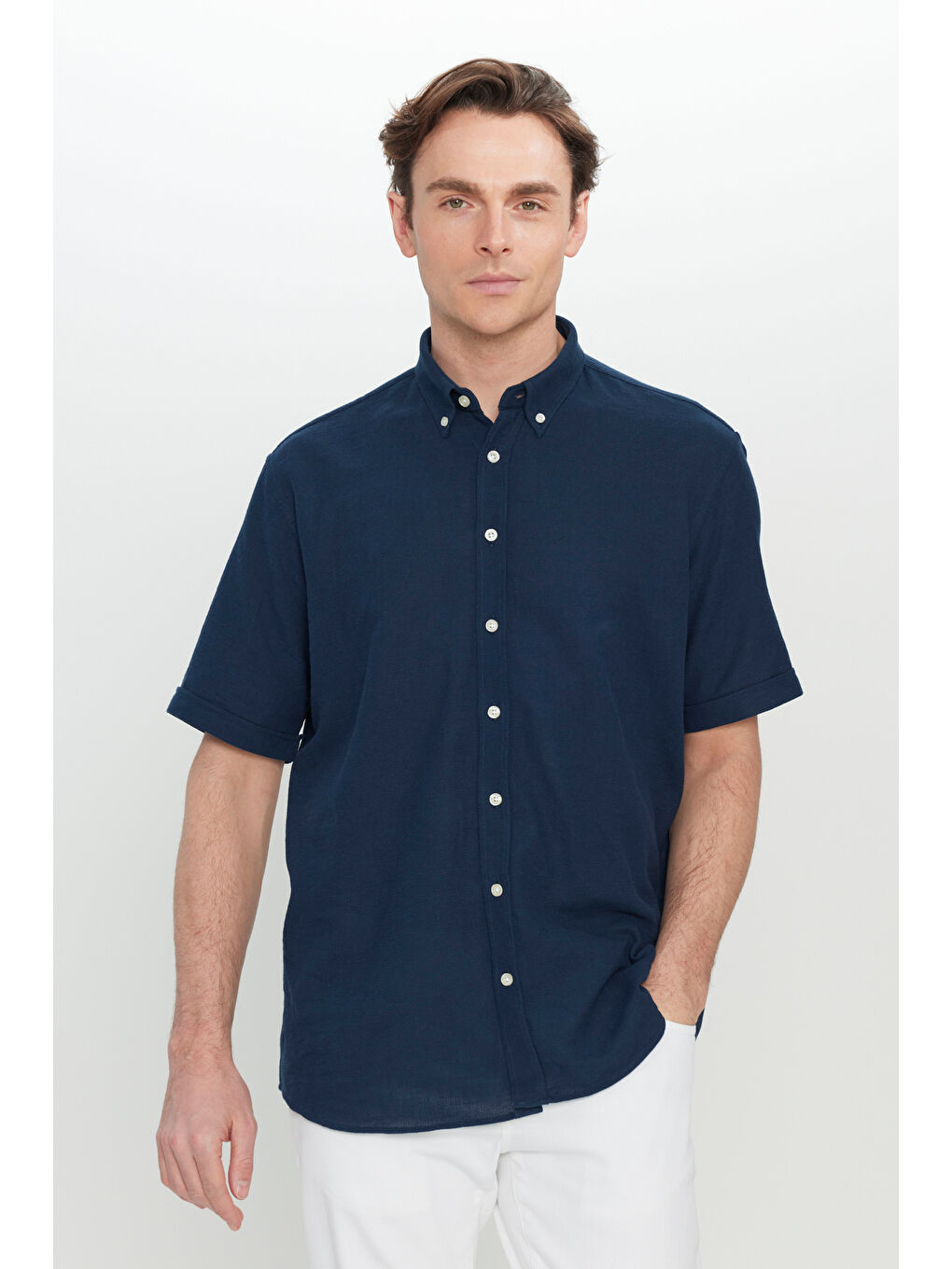 Erkek Lacivert %100 Pamuk Comfort Fit Rahat Kesim Düğmeli Gömlek Yaka Armürlü Gömlek