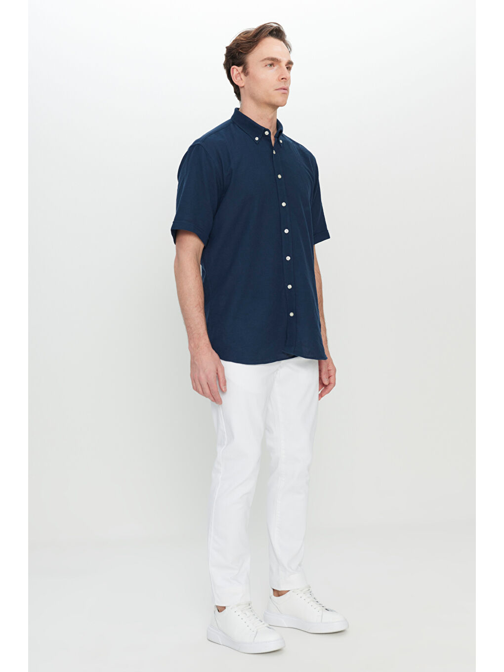 Erkek Lacivert %100 Pamuk Comfort Fit Rahat Kesim Düğmeli Gömlek Yaka Armürlü Gömlek-2