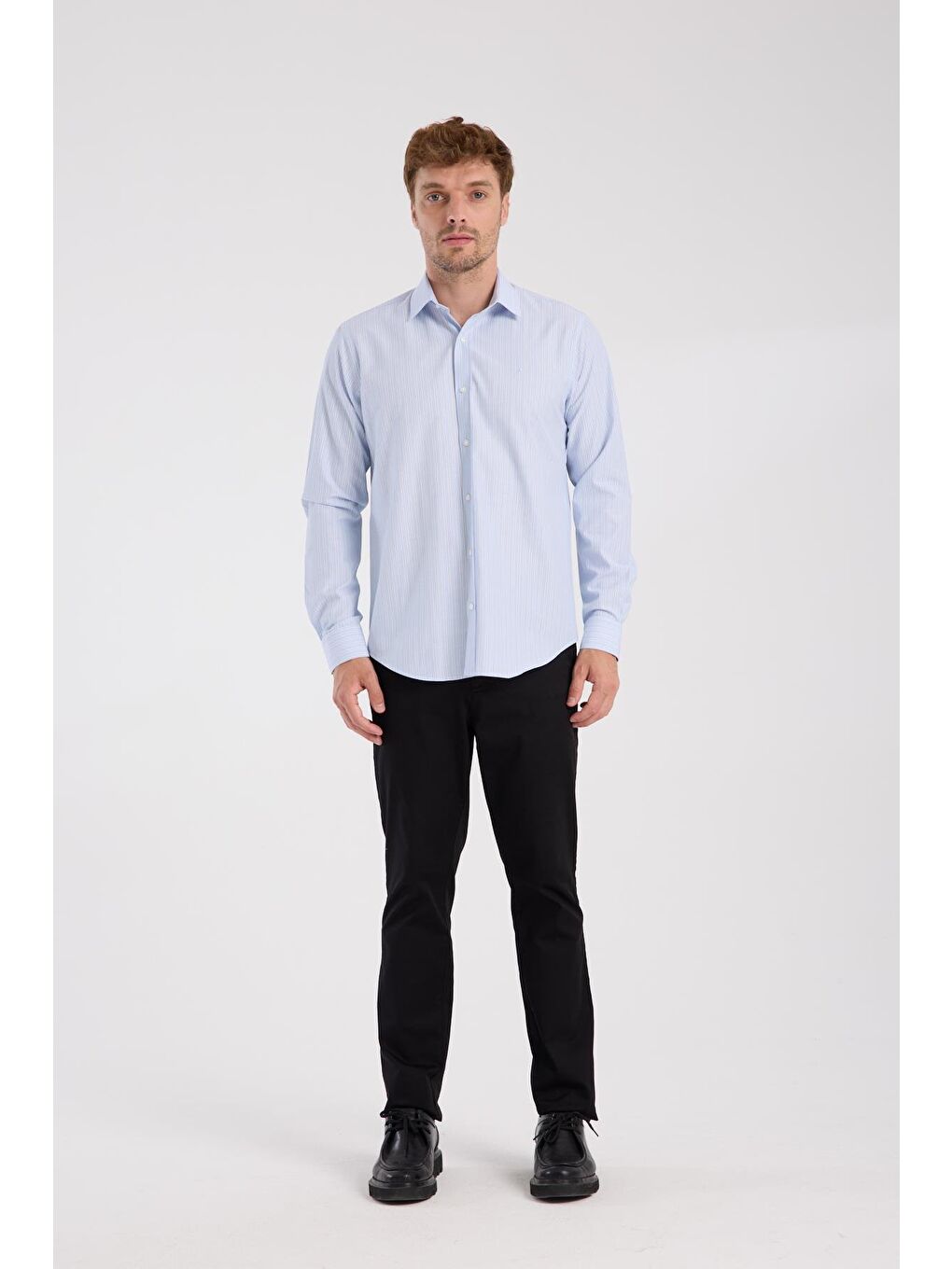 Aclub Ac10080 Oxford Pamuk Karışımlı Slim Fit Açık Mavi Klasik Yaka Erkek Çizgili Gömlek