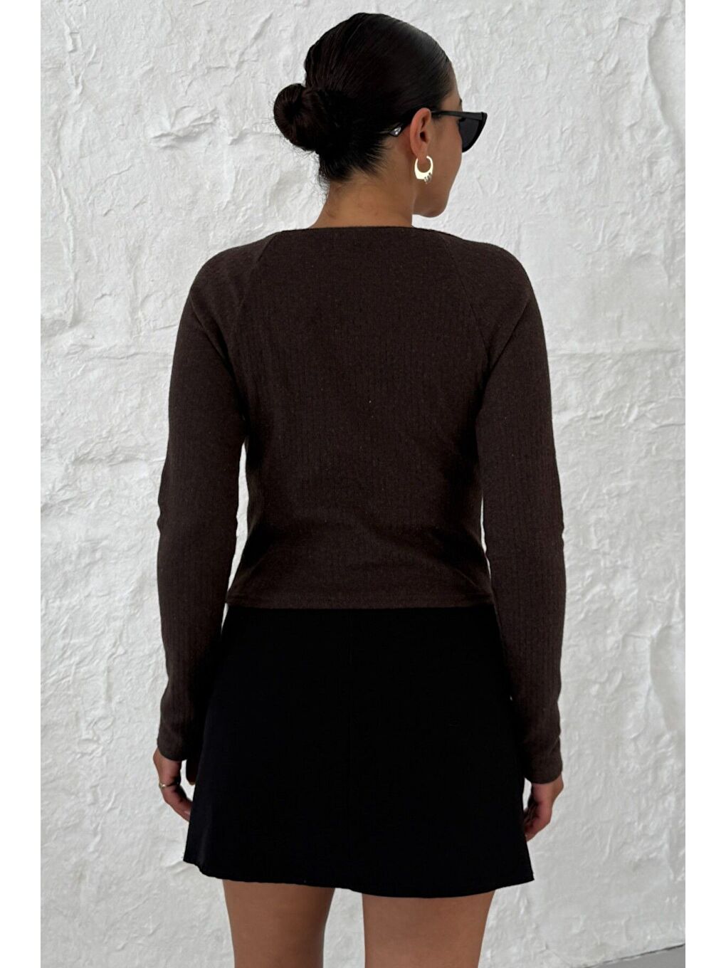 Kadın Kahverengi Kayık Yakalı V Kesim Biyeli İnterlok Bluz-6