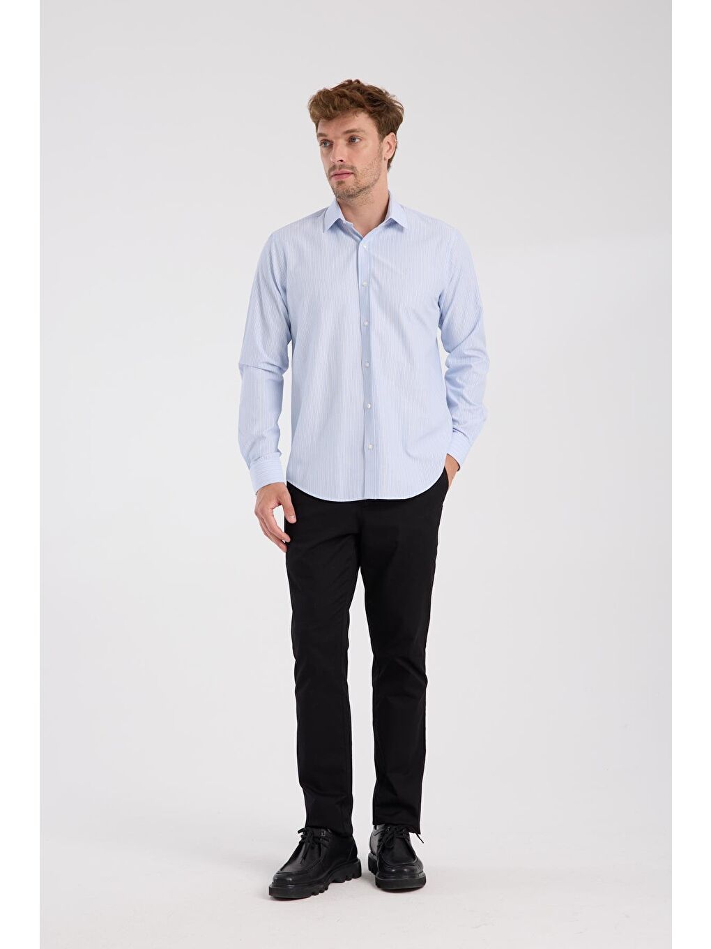 Aclub Ac10080 Oxford Pamuk Karışımlı Slim Fit Açık Mavi Klasik Yaka Erkek Çizgili Gömlek-1
