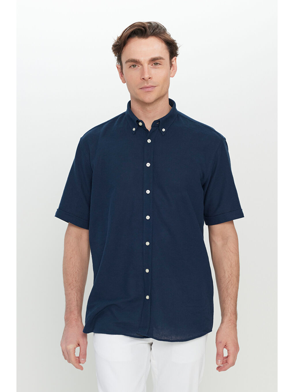 Erkek Lacivert %100 Pamuk Comfort Fit Rahat Kesim Düğmeli Gömlek Yaka Armürlü Gömlek-4