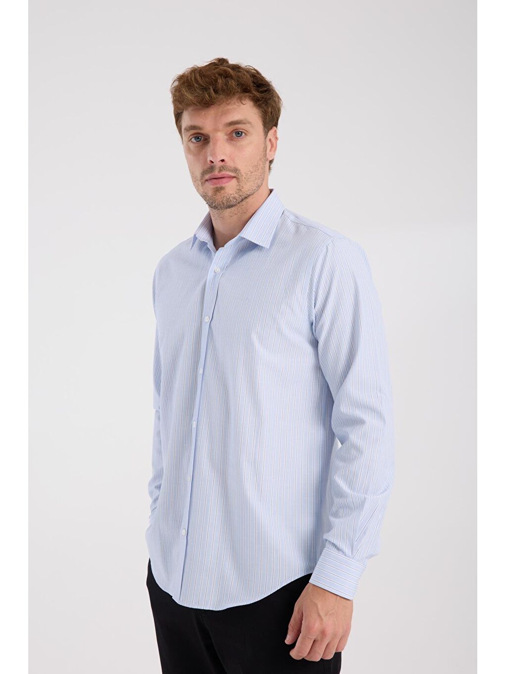 Aclub Ac10080 Oxford Pamuk Karışımlı Slim Fit Açık Mavi Klasik Yaka Erkek Çizgili Gömlek-2