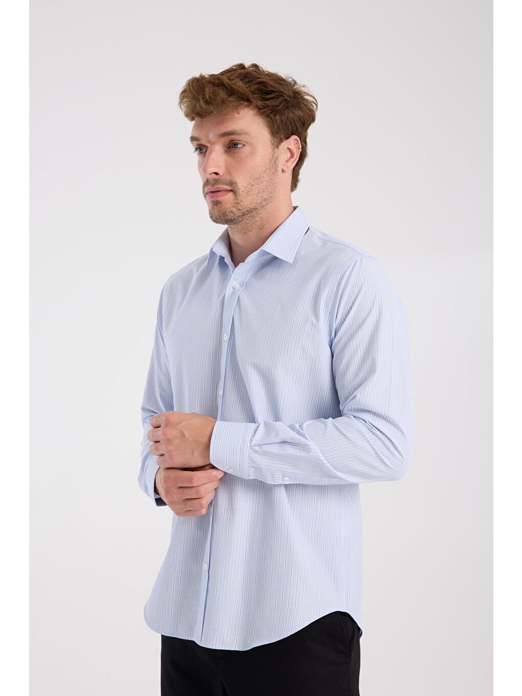 Aclub Ac10080 Oxford Pamuk Karışımlı Slim Fit Açık Mavi Klasik Yaka Erkek Çizgili Gömlek-3